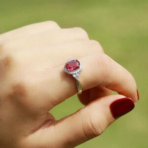 NEW 925 Sterling Silver Oval Ruby Round Diamond Halo Ring